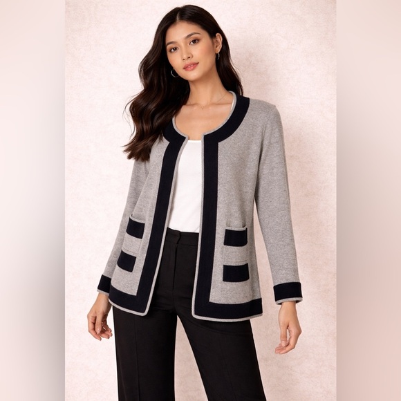 Neiman Marcus Sweaters - Neiman Marcus Gray Black Cashmere Cardigan Open Front Quiet Luxury Minimalist M